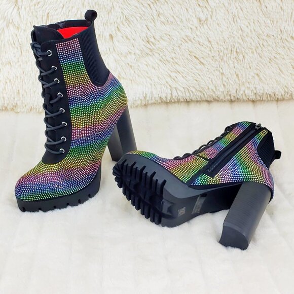 Rainbow Sparkle Rhinestone Chunky High Heel Ankle Boots - Picture 10 of 17